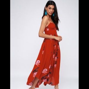 Free People Red Floral Print Smocked Maxi Dress